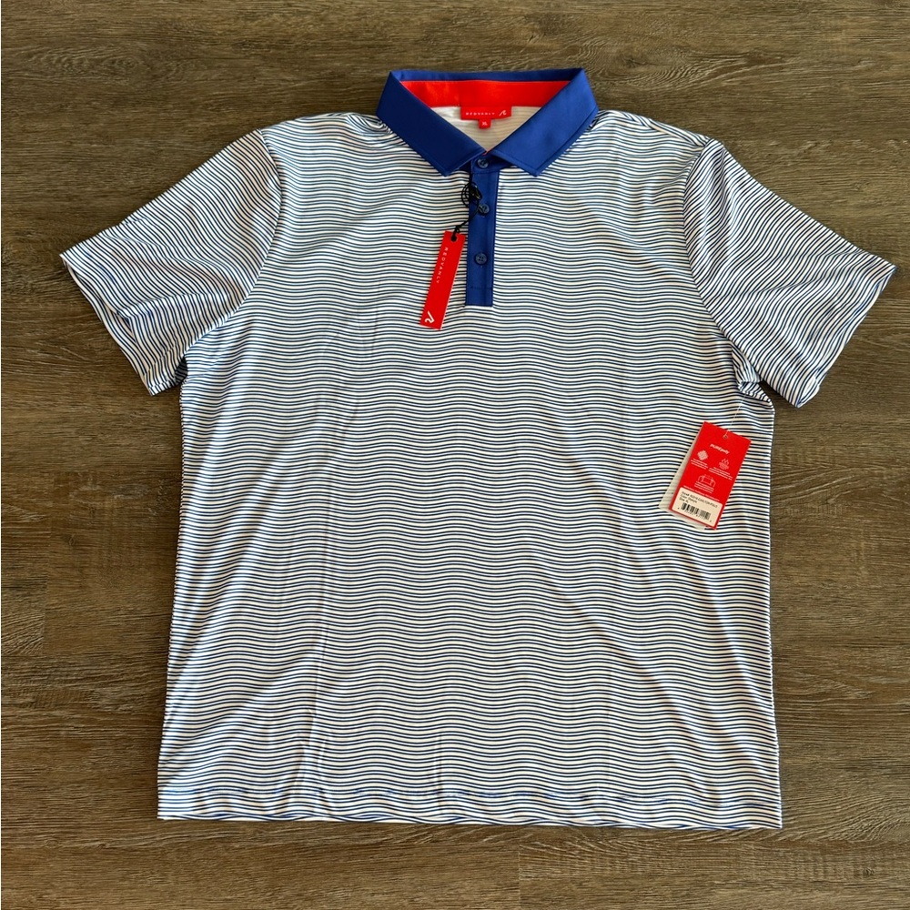 Redvanly Polo Shirt Men’s XL White Blue Striped Carlton Print Stretch Golf